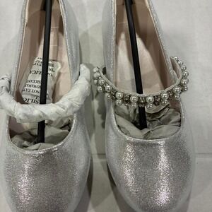 David's Bridal shoes size 13Y Silver embellished flats with pearl embellishment.